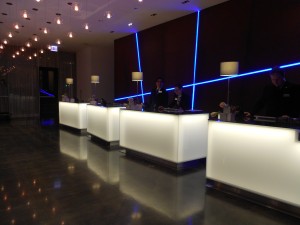 a reception desk with lights