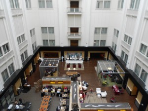 Looking down at the lobby/hotel's open floor plan from the 11th floor