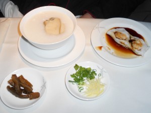 Abalone and Chinese mushroom congee, steamed prawn rice roll with soy sauce