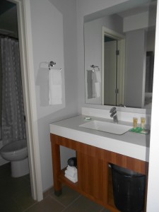 The vanity sink is seperate from the bathroom and shower, making it convenient for getting ready!