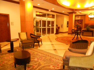 Inside the lobby of the Radisson Newark-Carteret hotel