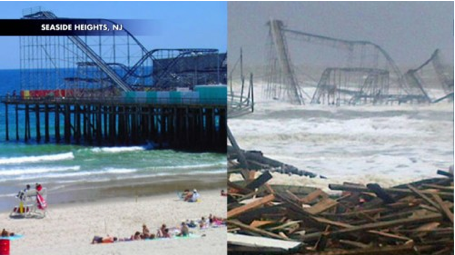 A devastating before and after shot of the Seaside Heights Amusement Pier
